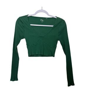 Pac Cares‎ Long Sleeve Cropped Ribbed Shirt Stretch Green Women M Casual